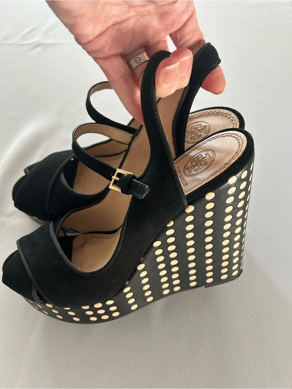 Tory Burch Ollie Black Suede Polka-Dot Platform Wedges EUC